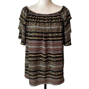 LOFT Boho Floral Ruffle Neck On or Off Shoulder Top SZ Medium Black Multi Color